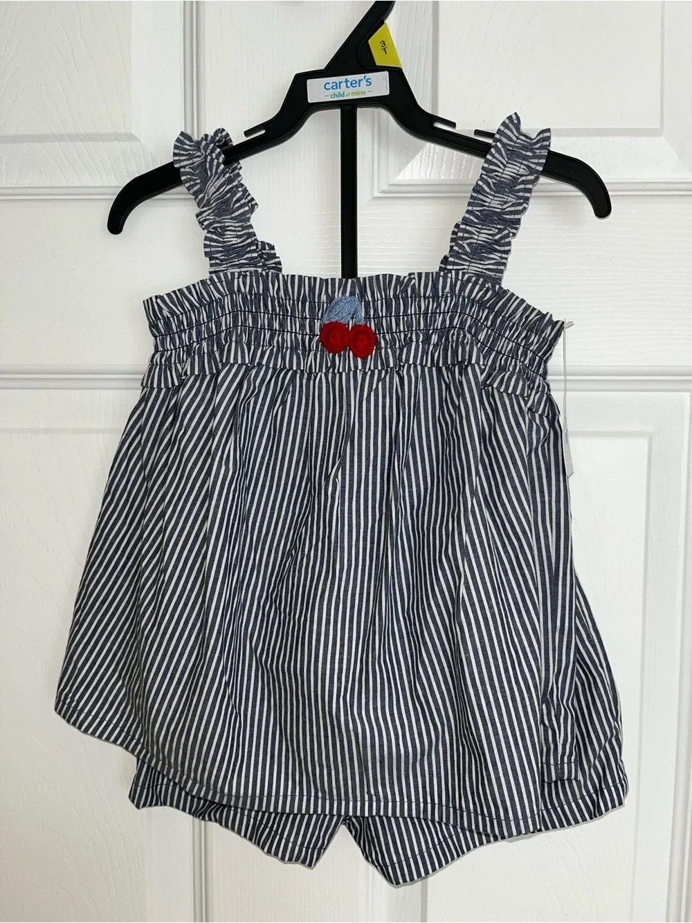 child of mine Navy and White Striped Ruffle Strap Tank with Red Cherry